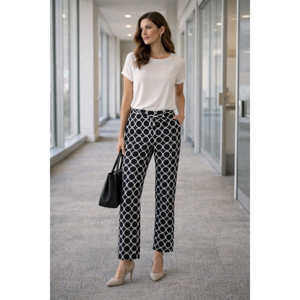 7th Avenue Circle Print Trousers Size 14‎ | Black White Career Pants